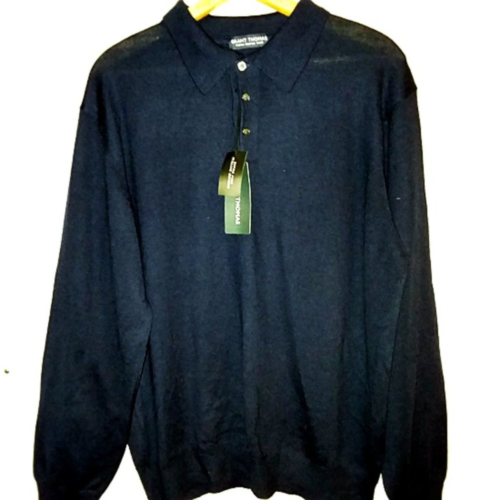 Grant Thomas Extra Fine Italian Merino Wool Collar Button Sweater Navy